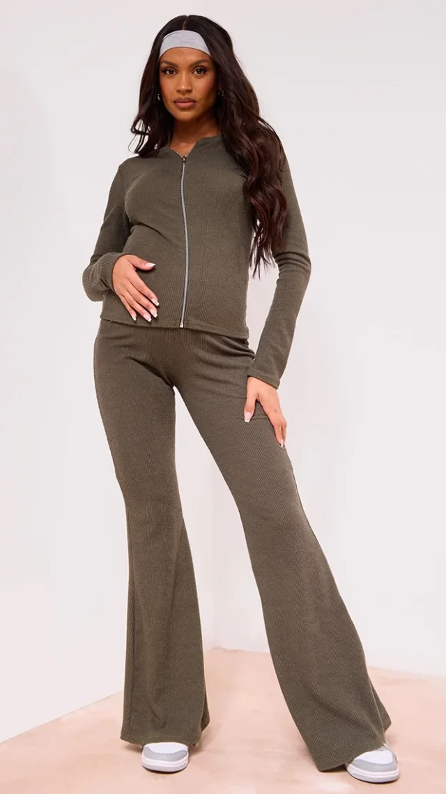 Maternity Dark Olive Crinkle Rib High Waist Flares