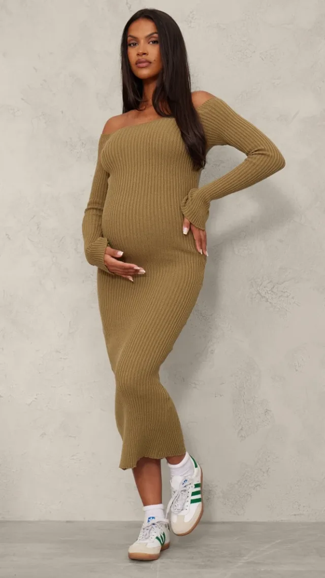 Maternity Dark Olive Long Sleeve Midaxi Dress