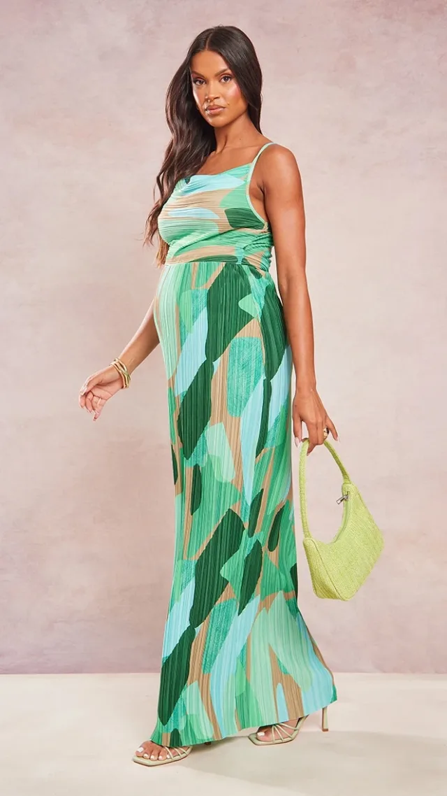 Maternity Green Abstract Print Plisee Midaxi Dress