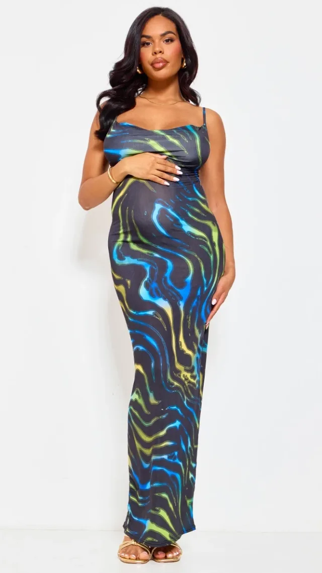 Maternity Green Multi Print Cowl Maxi Dress