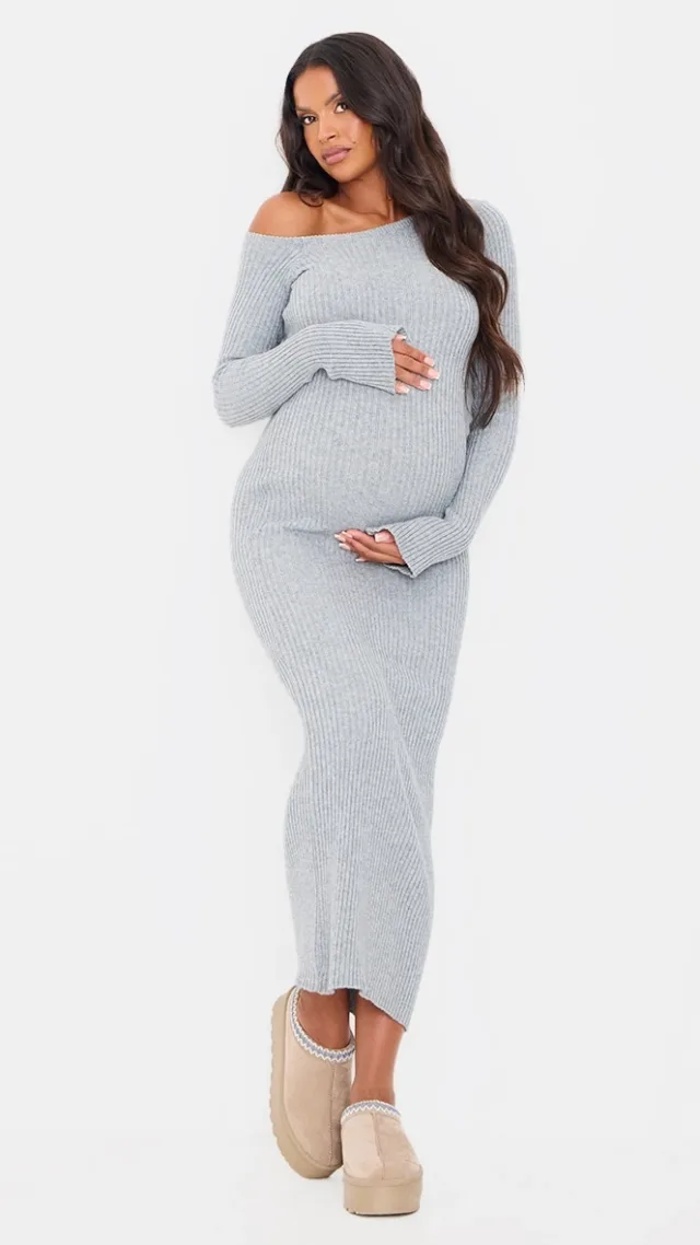 Maternity Grey Asymmetric Long Sleeve Rib Knit Maxi Dress