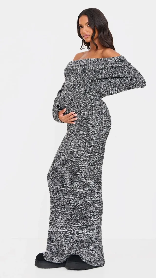 Maternity Grey Boucle Knit Long Sleeve Bardot Maxi Dress