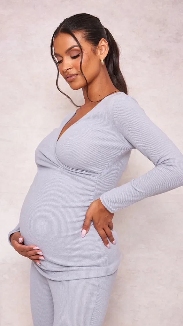 Maternity Grey Brushed Rib Ruched Top