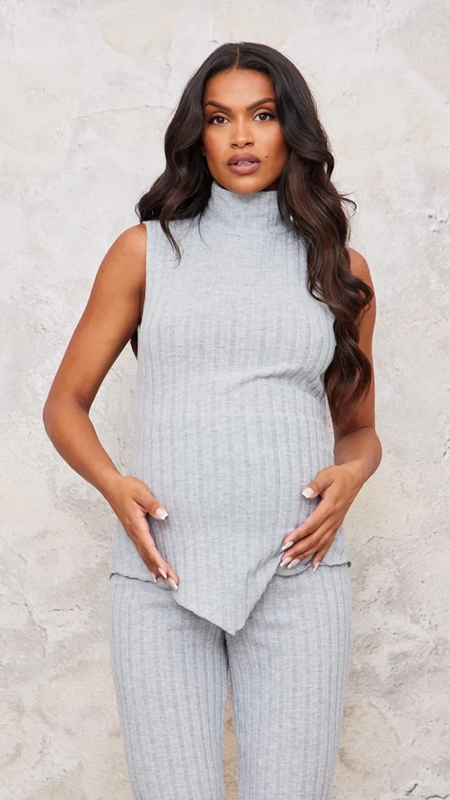 Maternity Grey Brushed Rib Sleeveless High Neck Top