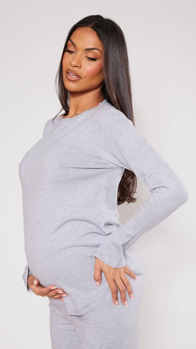 Maternity Grey Knitted Crew Neck Sweatshirt