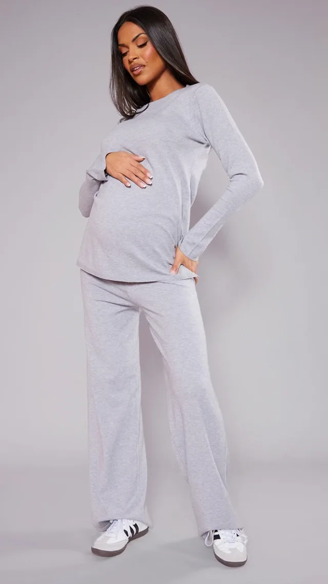 Maternity Grey Knitted Wide Leg Pants