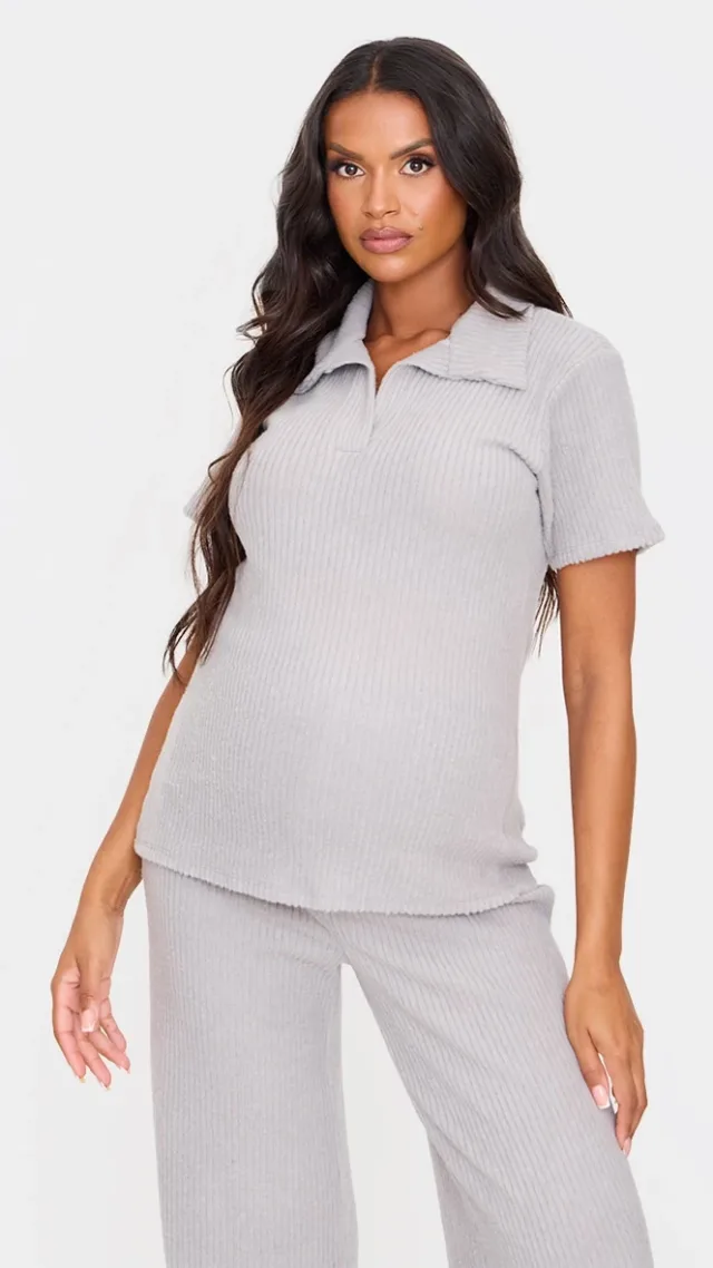 Maternity Grey Marl Brushed Rib Short Sleeve Top