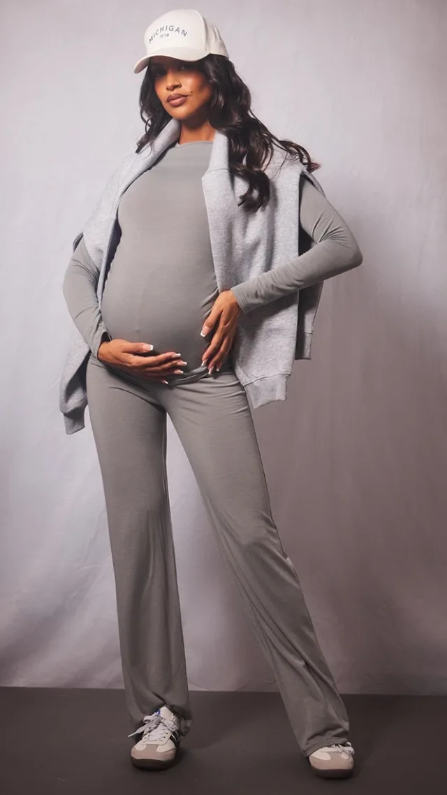 Maternity Grey Marl Cotton Jersey High Waisted Flares