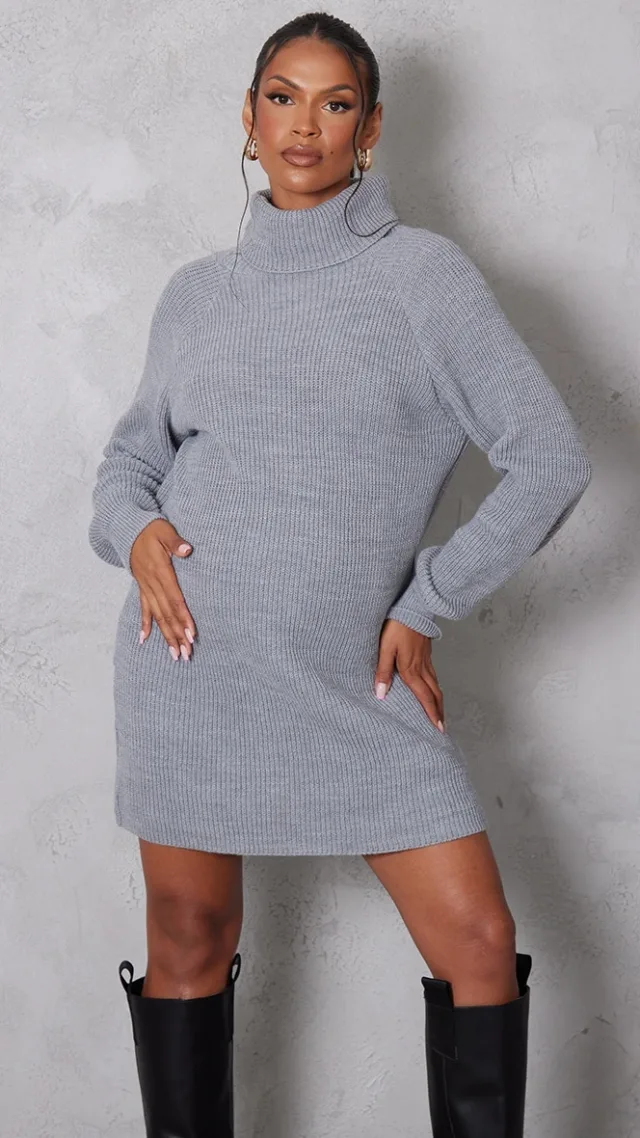 Maternity Grey Marl High Neck Oversized Sweater Dress