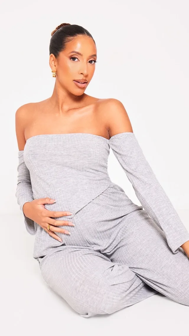 Maternity Grey Marl Off The Shoulder Point Hem Top