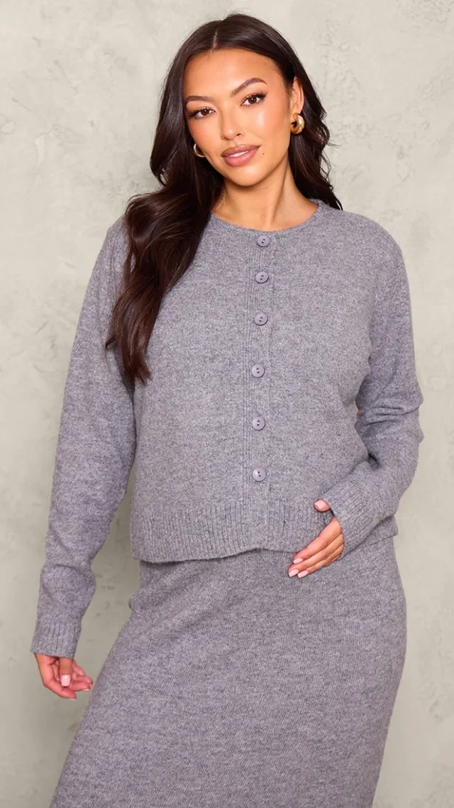 Maternity Grey Melange Soft Knit Basic Button Up Cardigan