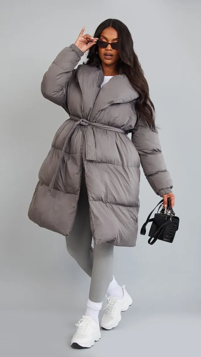 Maternity Grey Oversized Collar Belted Longline Puffer