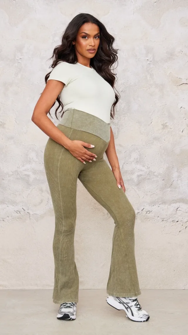 Maternity Khaki Faded Snatched Rib Fold Over Waistband Flare Pants