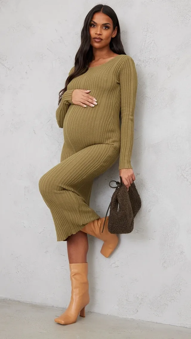 Maternity Khaki Knitted Midaxi Tie Back Bodycon Dress