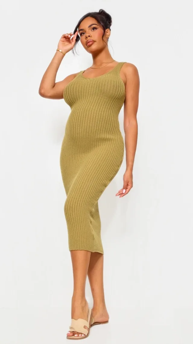 Maternity Khaki Knitted V Neck Midi Dress