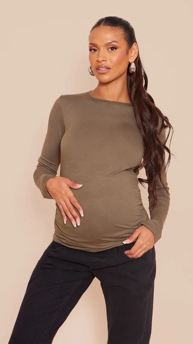 Maternity Khaki Long Sleeve Basic Crew Neck Fitted T Shirt