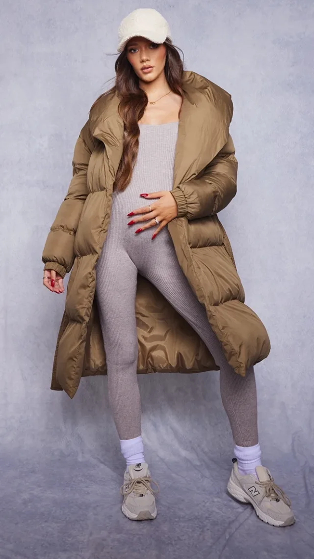 Maternity Khaki Oversized Belted Longline Puffer