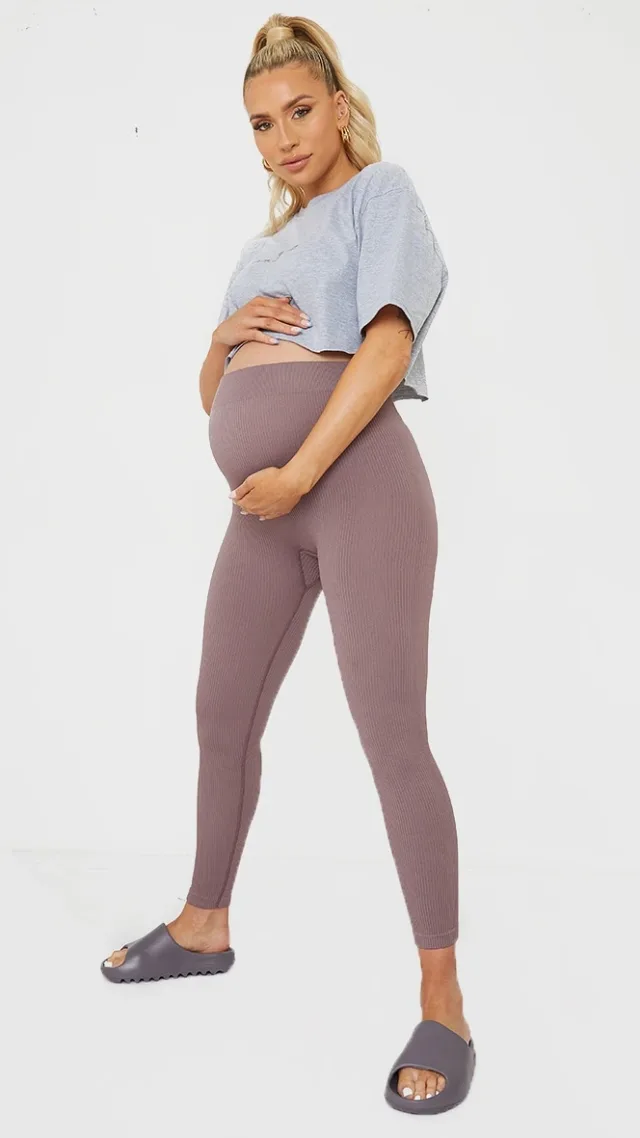 Maternity Mauve Contour Bump Support Ribbed Leggings