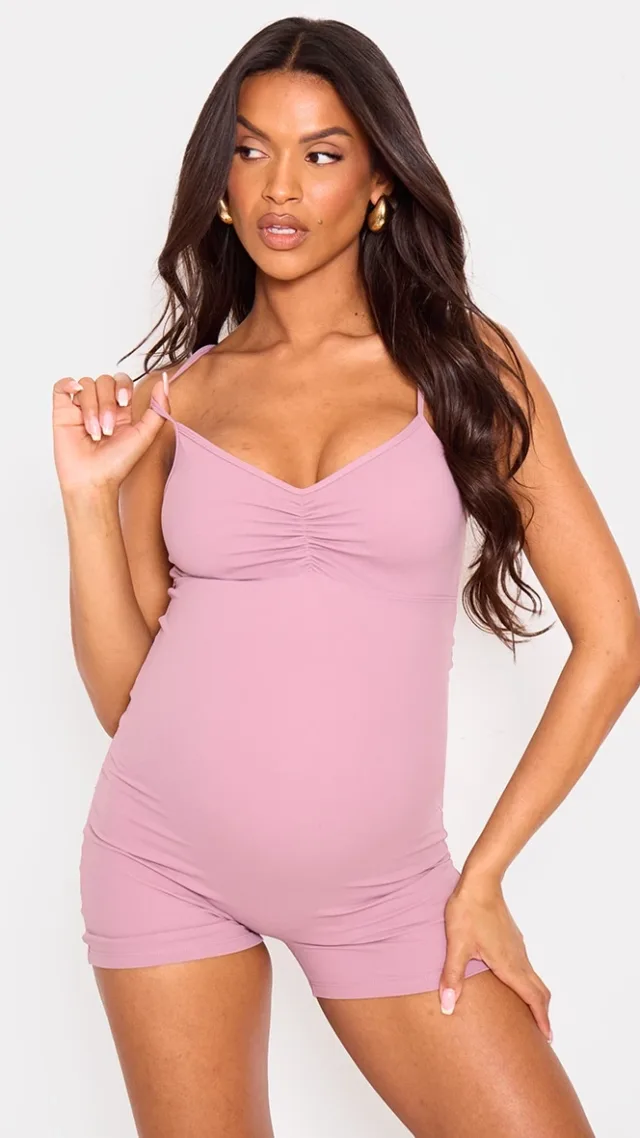 Maternity Mauve Snatched Sculpt Ruched Front Detail Unitard