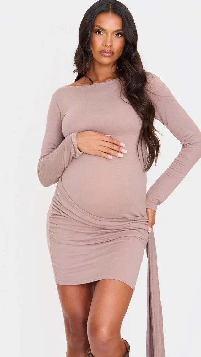 Maternity Mocha Brushed Tie Front Mini Dress