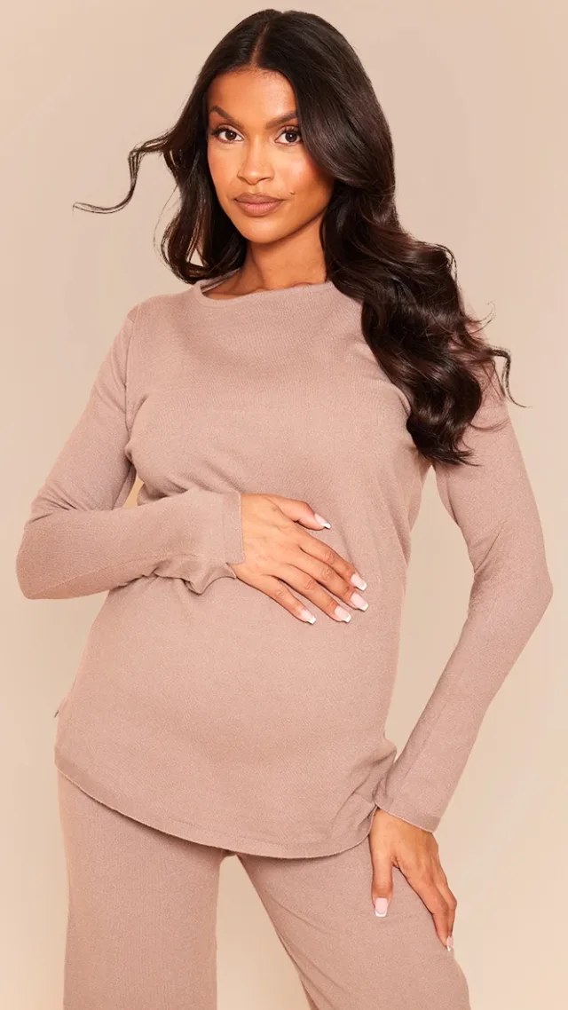 Maternity Mocha Knitted Crew Neck Sweatshirt