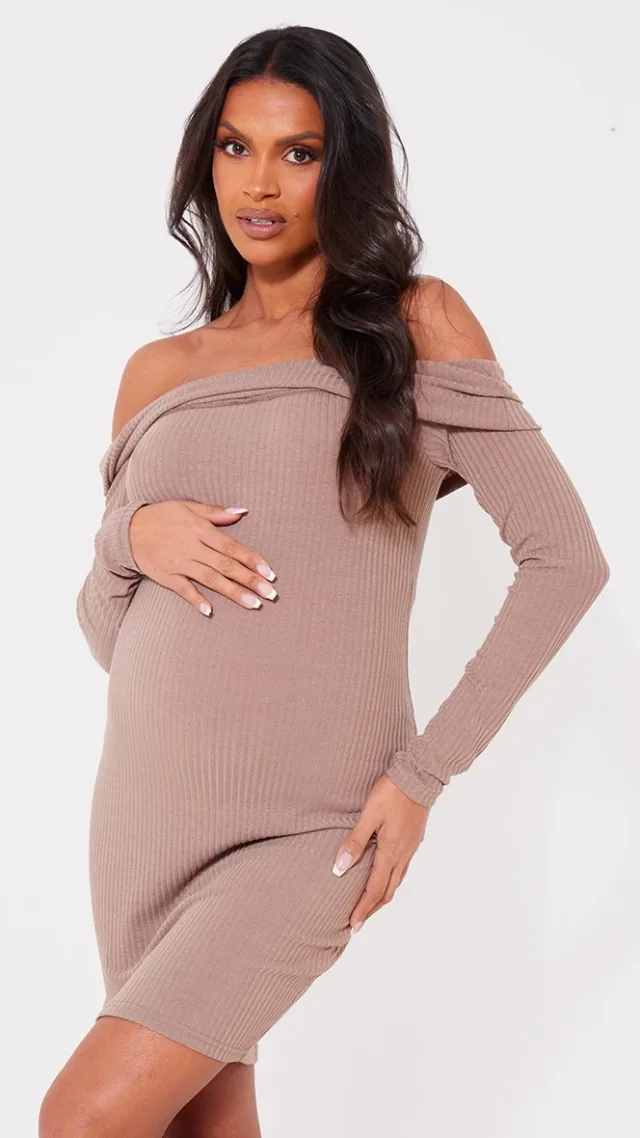 Maternity Mocha Rib Off The Shoulder Mini Dress