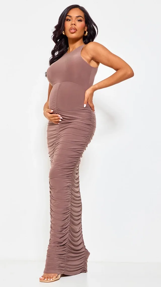 Maternity Mocha Slinky Sleeveless Ruched Maxi Dress