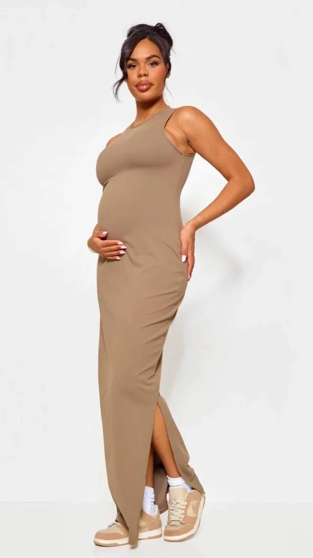 Maternity Mocha Snatched Sculpt Racer Bodycon Maxi Dress