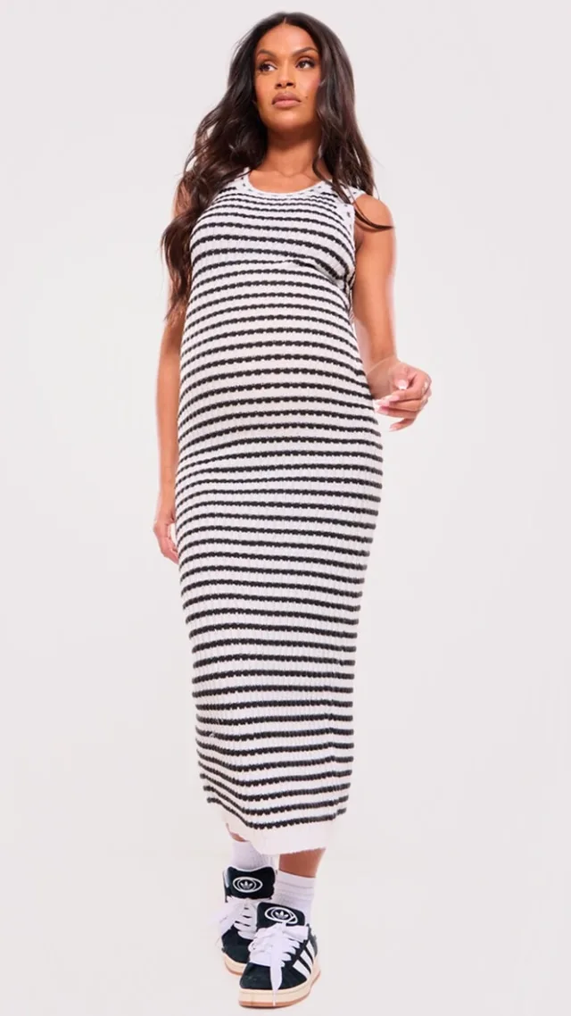 Maternity Monochrome Stripe Knitted Maxi Dress