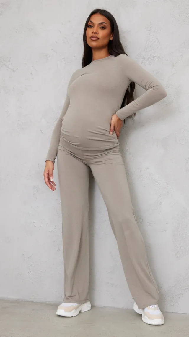 Maternity Moss Sand Cotton Jersey High Waisted Flares