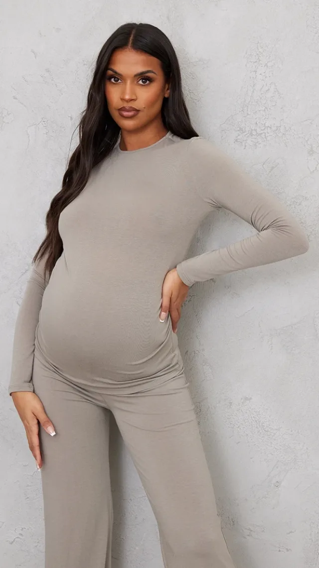 Maternity Moss Sand Cotton Jersey Ruched Bump Longline Top