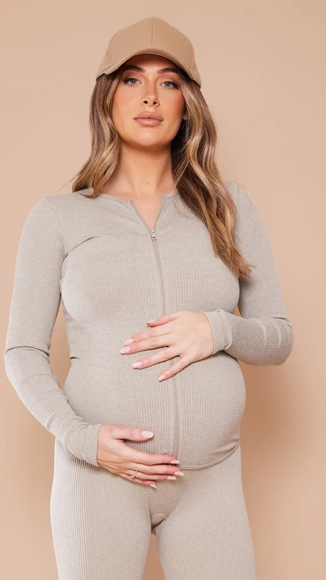 Maternity Moss Sand Ribbed Zip Up Cardigan