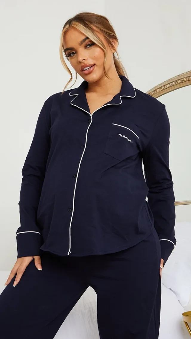 Maternity Navy Mama Long Sleeve Button Up Pj Top