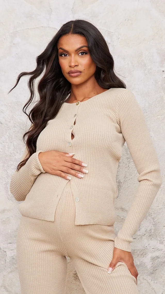 Maternity Oatmeal Button Up Long Sleeve Rib Knit Top