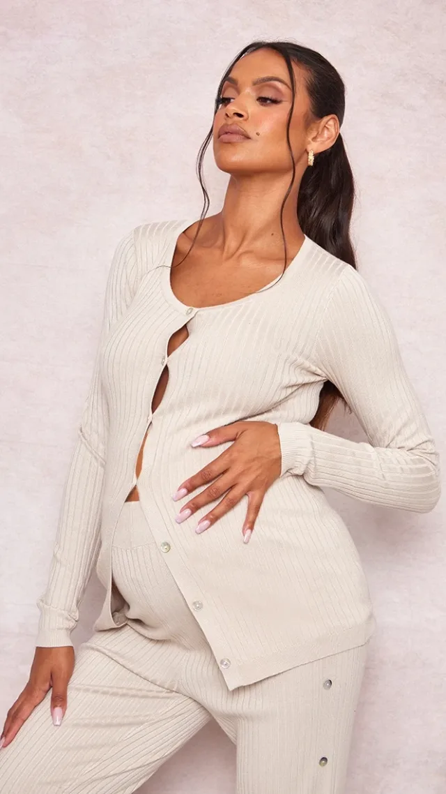 Maternity Oatmeal Knitted Button Detail Long Sleeve Cardigan