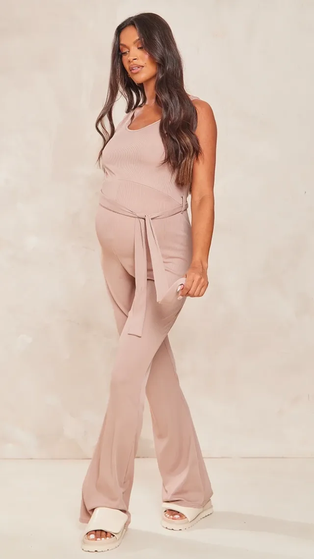 Maternity Oatmeal Ribbed Tie Waist Jumpsuit