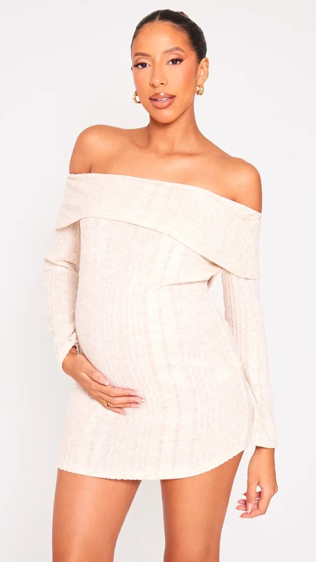 Maternity Oatmeal Soft Rib Fold Over Detail Mini Dress