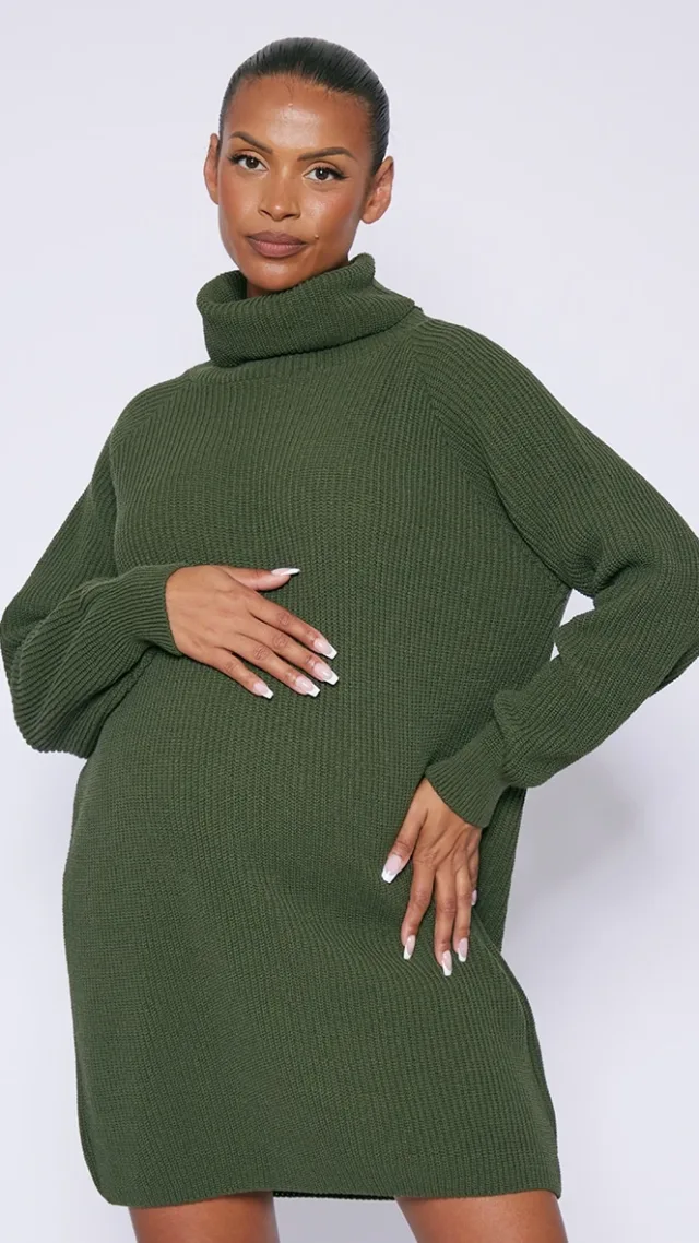 Maternity Olive Khaki High Neck Oversized Sweater Dress