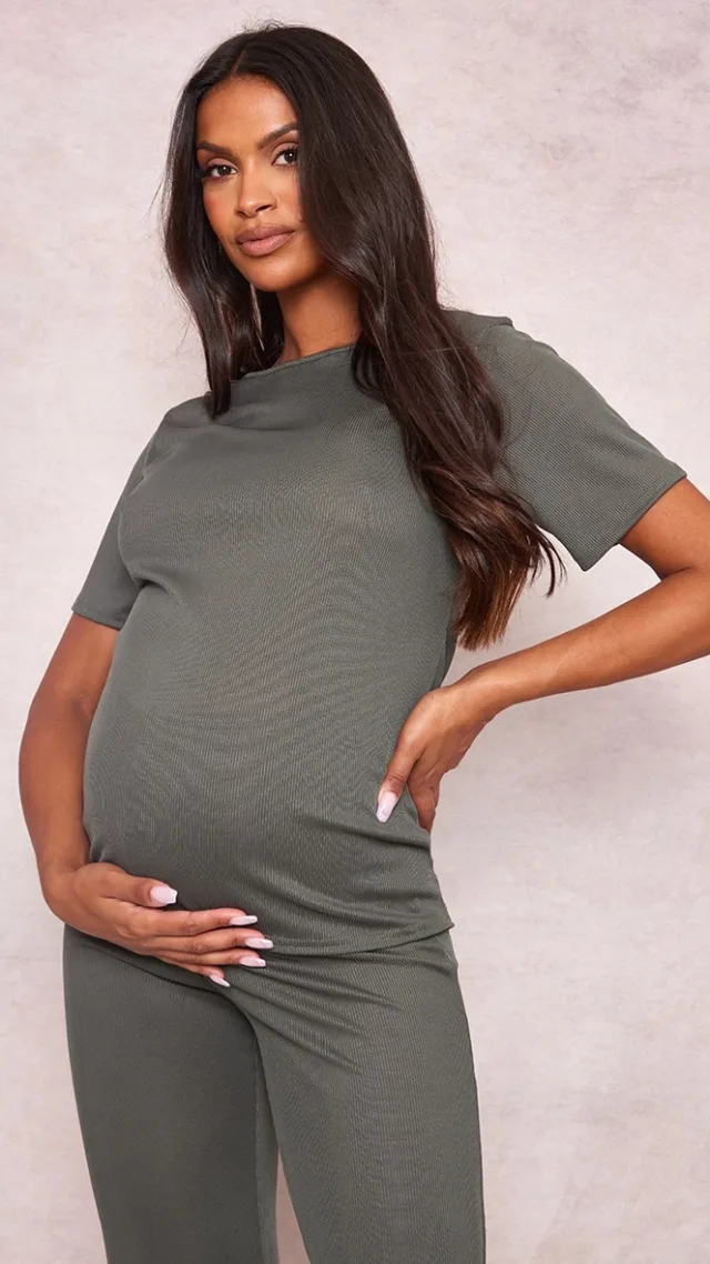 Maternity Olive Rib Oversized Short Sleeved T Shirt