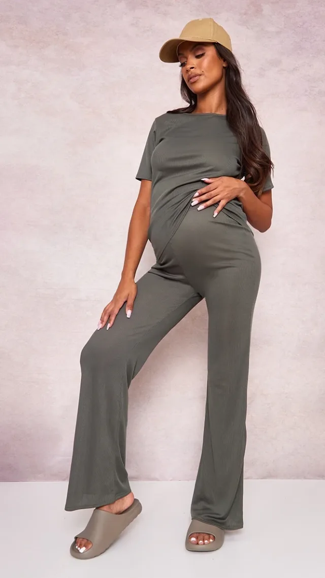 Maternity Olive Rib Wide Leg Flared Pants