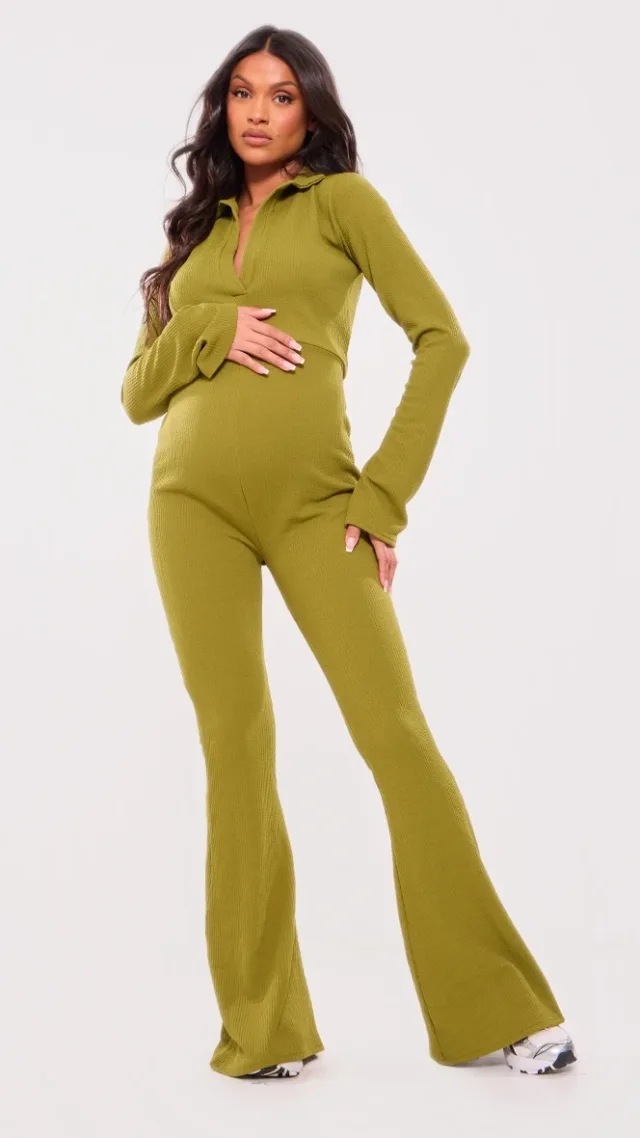 Maternity Olive Ribbed Collar Long Sleeve Jumpsuit