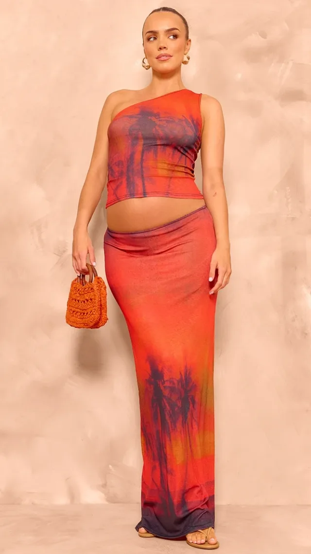 Maternity Orange Print Maxi Skirt