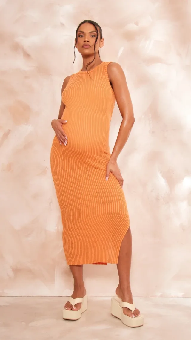 Maternity Orange Rib Contrast Detail Midaxi Dress