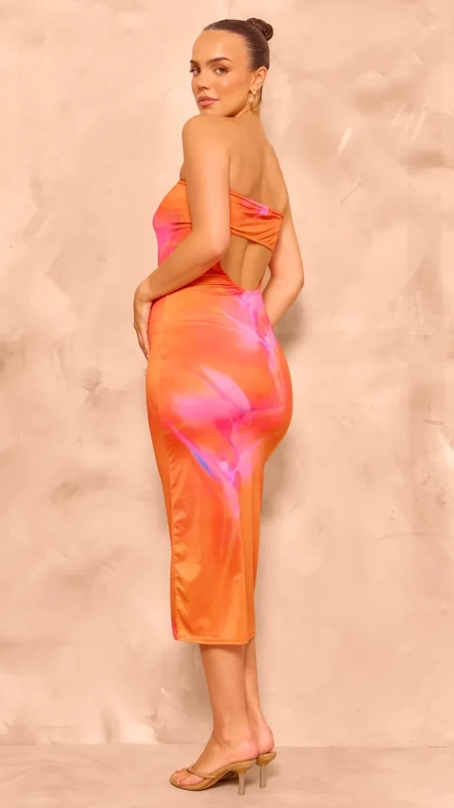 Maternity Orange Slinky Print Open Back Detail Midaxi Dress