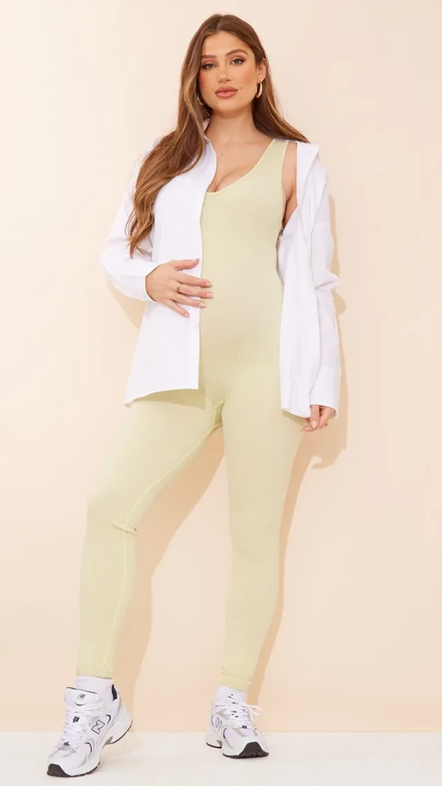 Maternity Pale Green Snatched Rib Seam Detail Jumpsuit