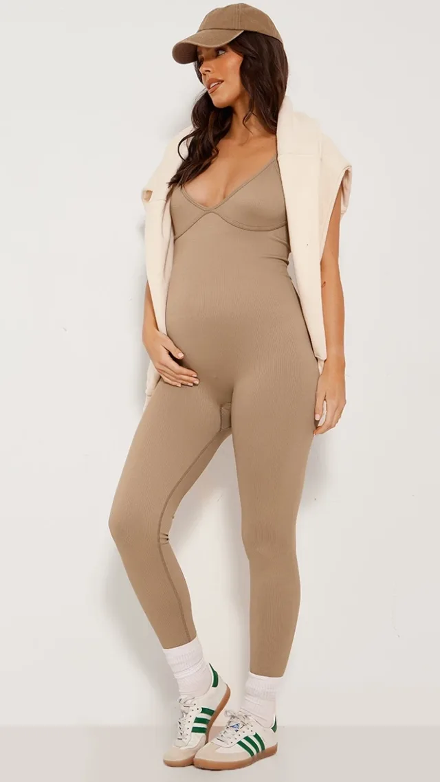 Maternity Pale Khaki Underbust Detail Snatched Rib Jumpsuit