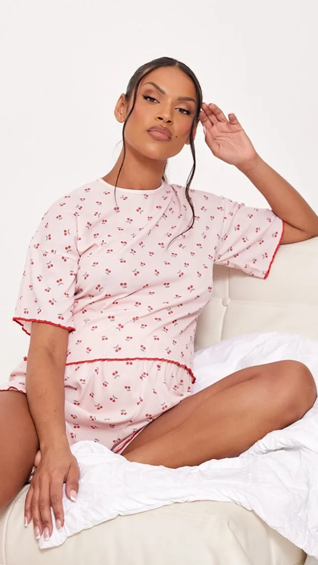 Maternity Pink Cherry Print Lettuce Hem Pajama Top