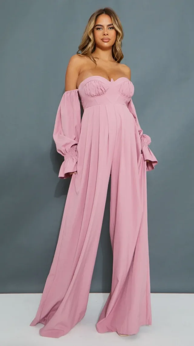 Maternity Pink Corset Detail Bardot Wide Leg Jumpsuit