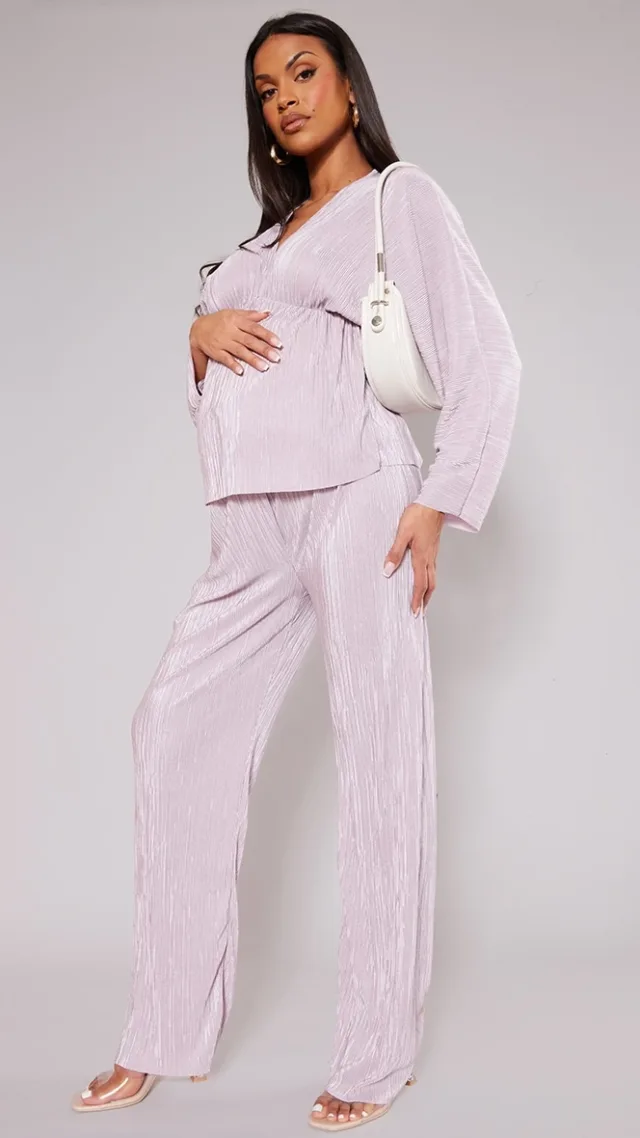 Maternity Rose Plisse Lettuce Hem Wide Leg Pants