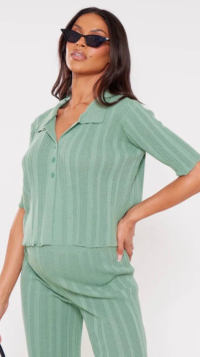 Maternity Sage Green Knit Short Sleeve Button Up Top